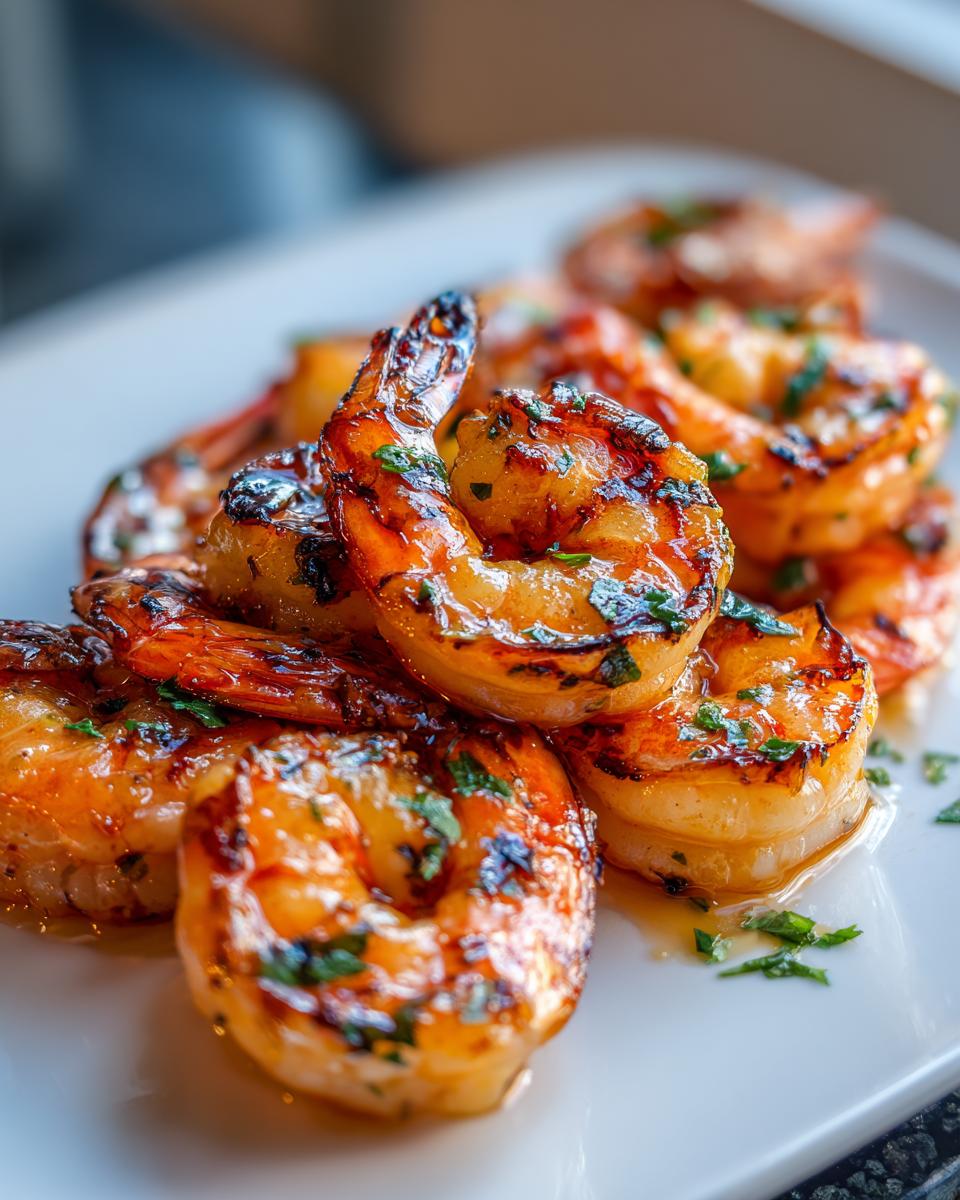 Close-up of perfectly grilled honey lime shrimp, seasoned with herbs, ready for a fast cookout.