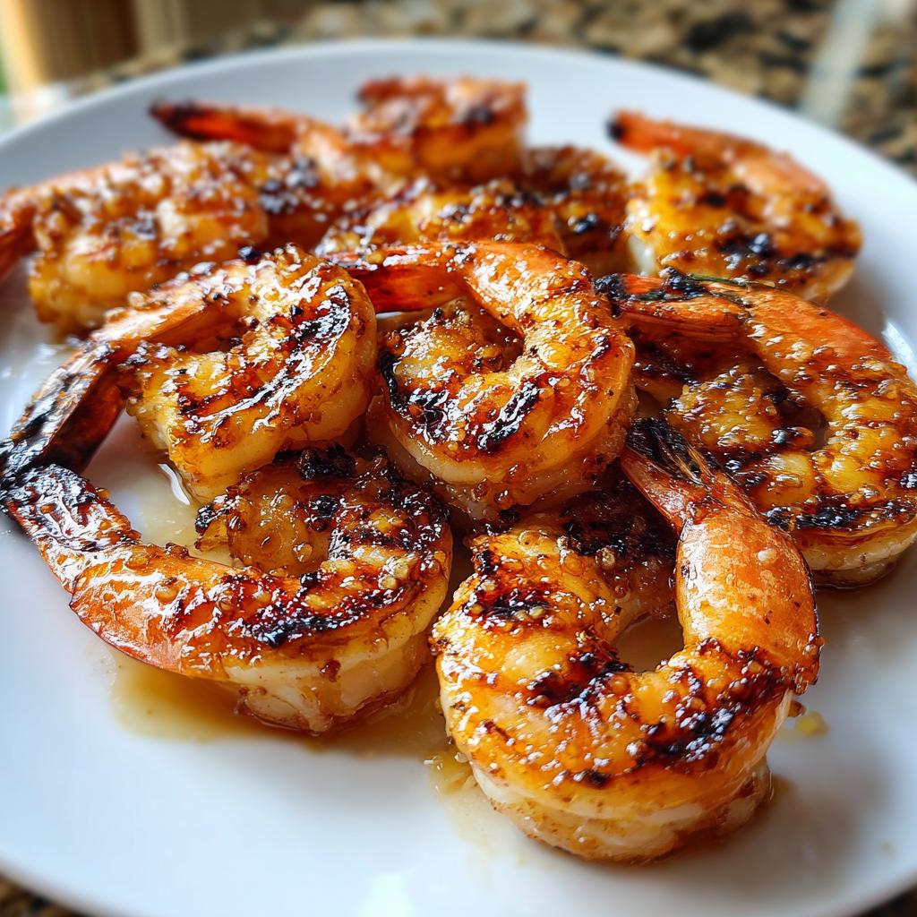 Close-up of grilled honey lime shrimp on a white plate, showcasing grill marks and a glossy glaze.