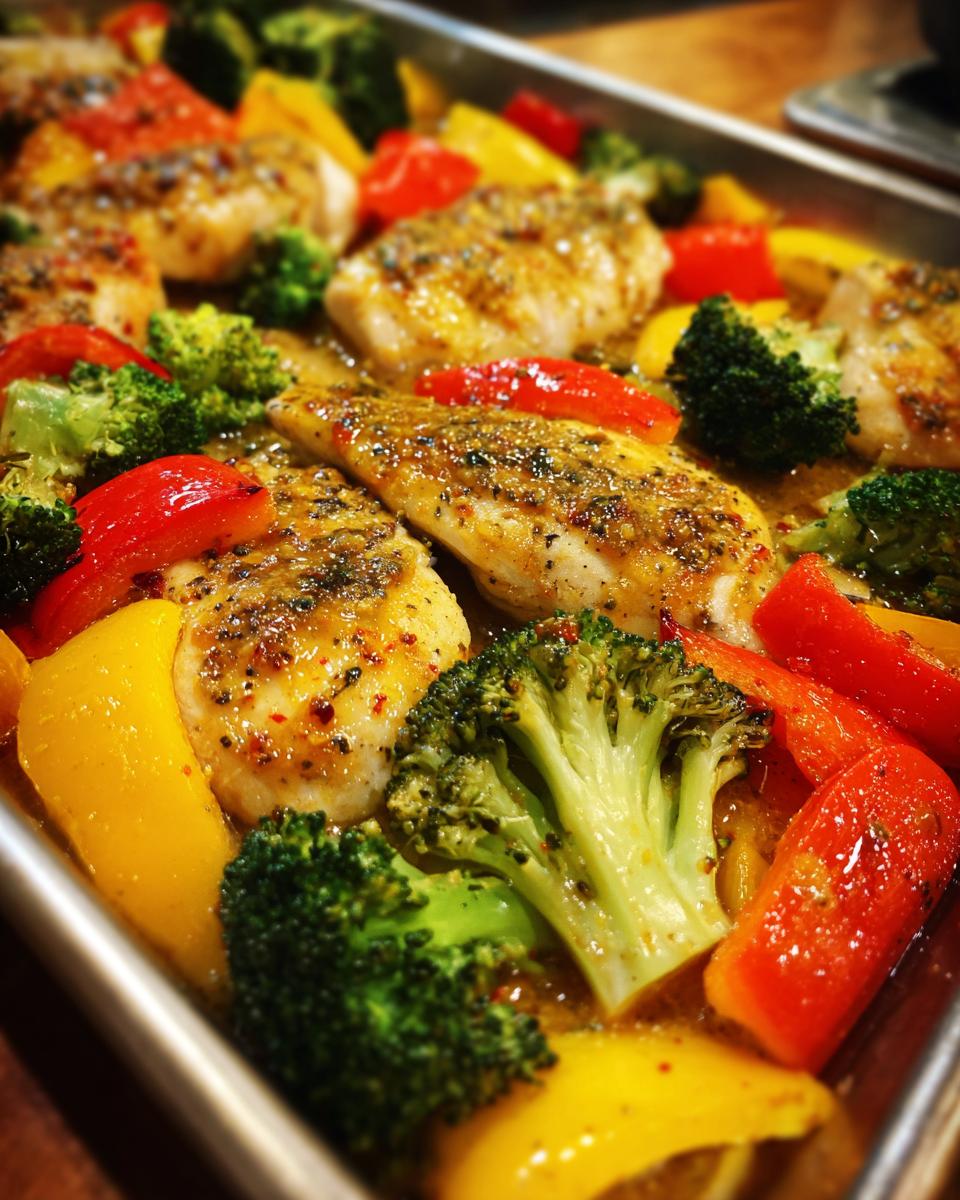 Close-up of honey mustard chicken breast recipes with sheet pan vegetables like broccoli, red and yellow bell peppers.