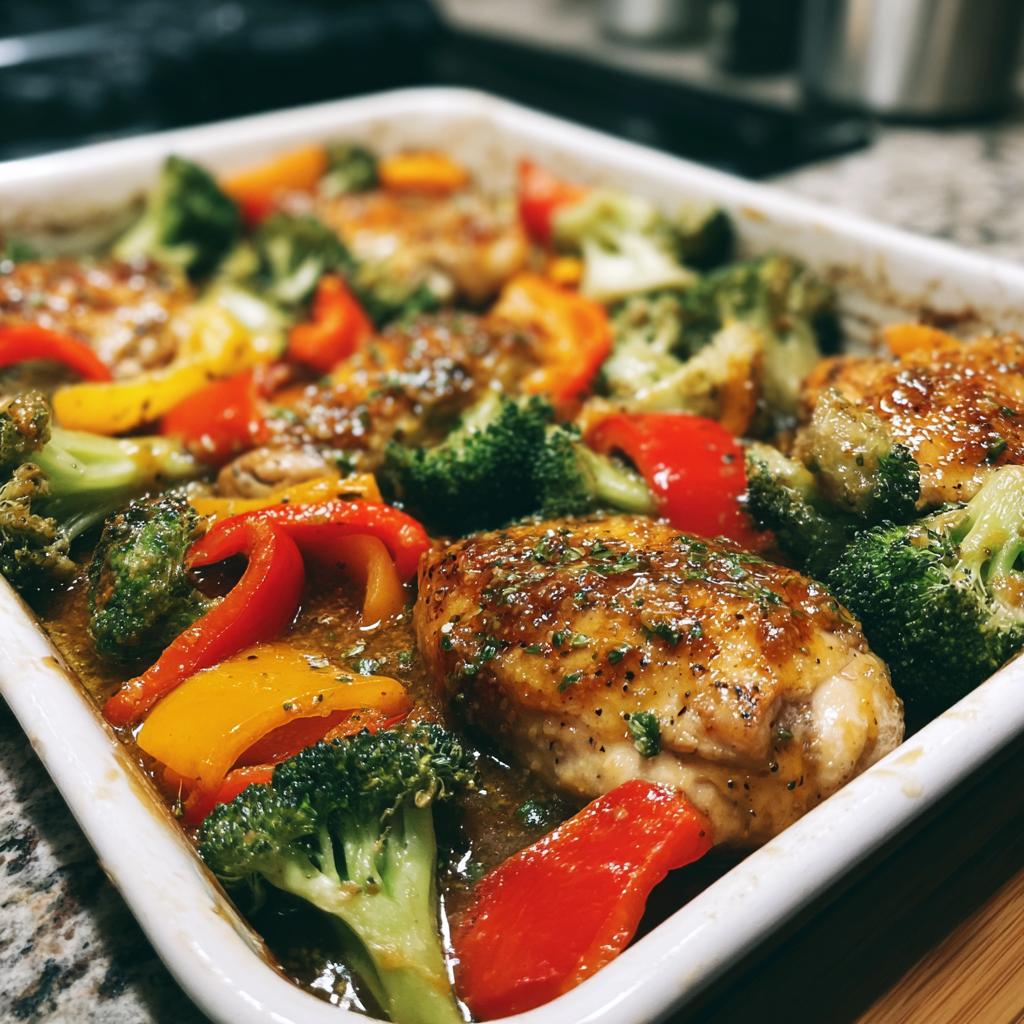 Close-up of honey mustard chicken breast recipes with sheet pan vegetables including broccoli and bell peppers in a white baking dish.