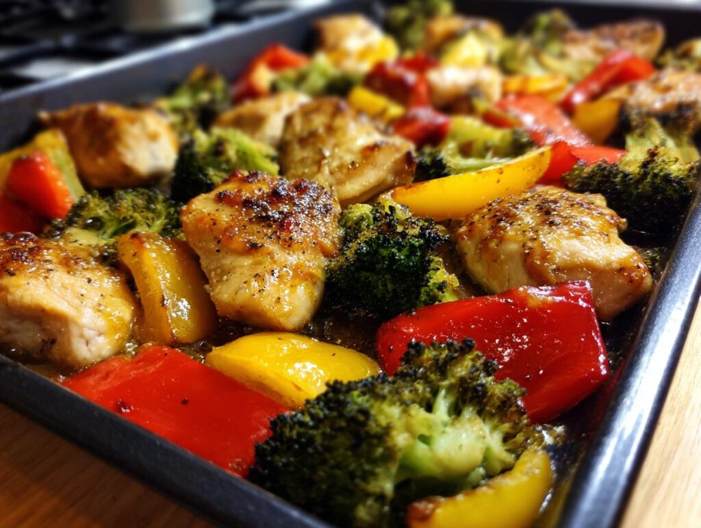 Close-up of honey mustard chicken breast pieces with broccoli and bell peppers on a sheet pan.