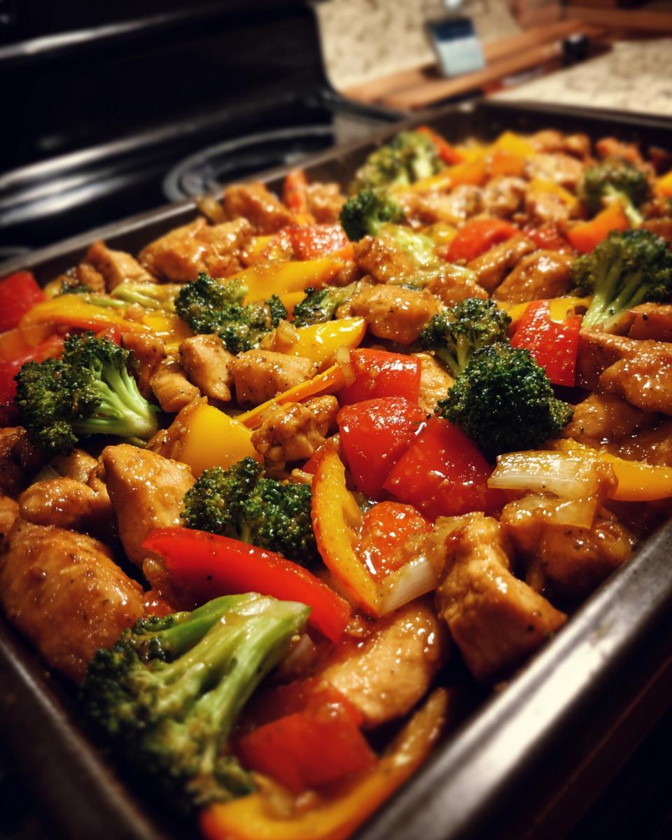 Close-up of a honey mustard chicken breast recipe with broccoli and bell peppers on a sheet pan.