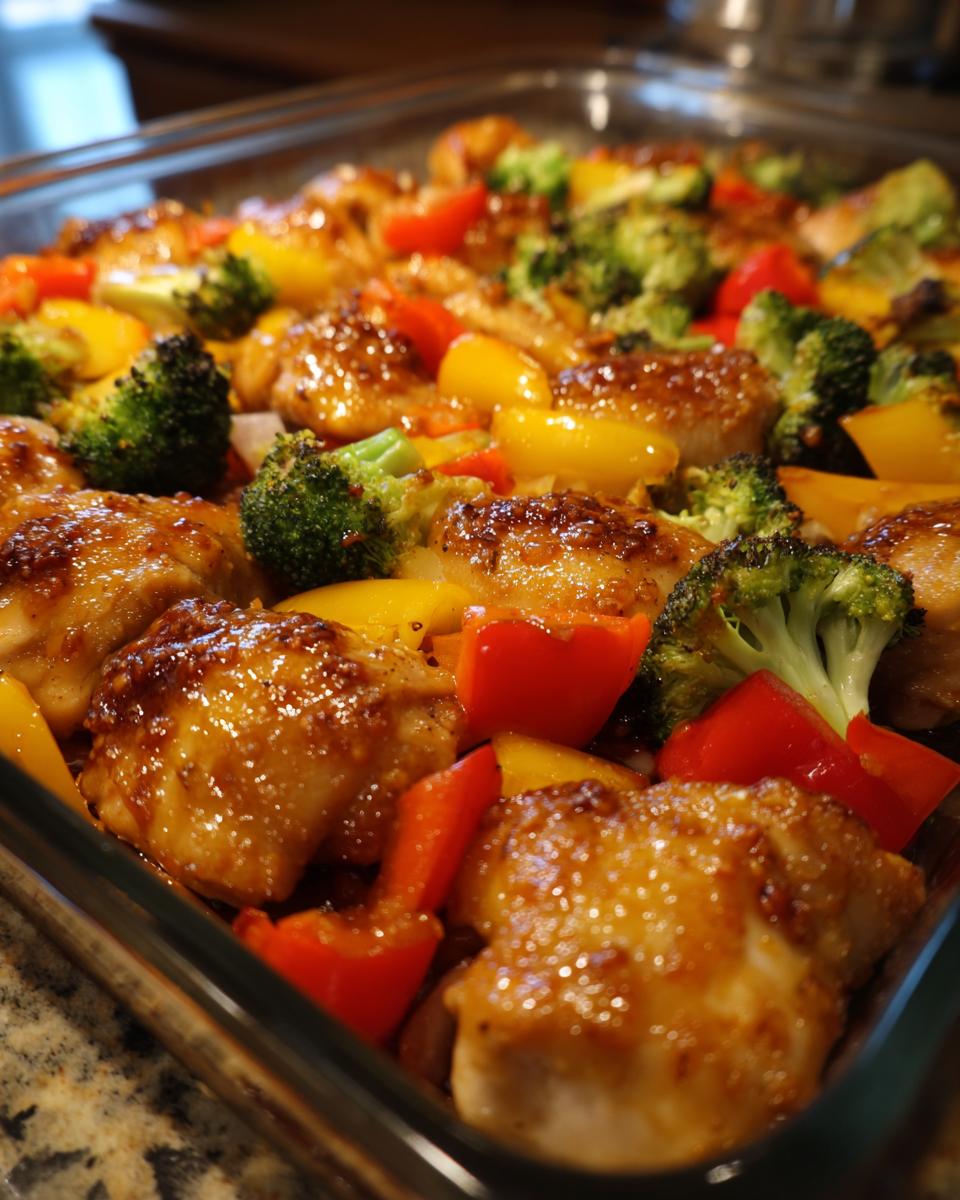 Close-up of honey mustard chicken breast pieces baked with broccoli and bell peppers in a sheet pan.