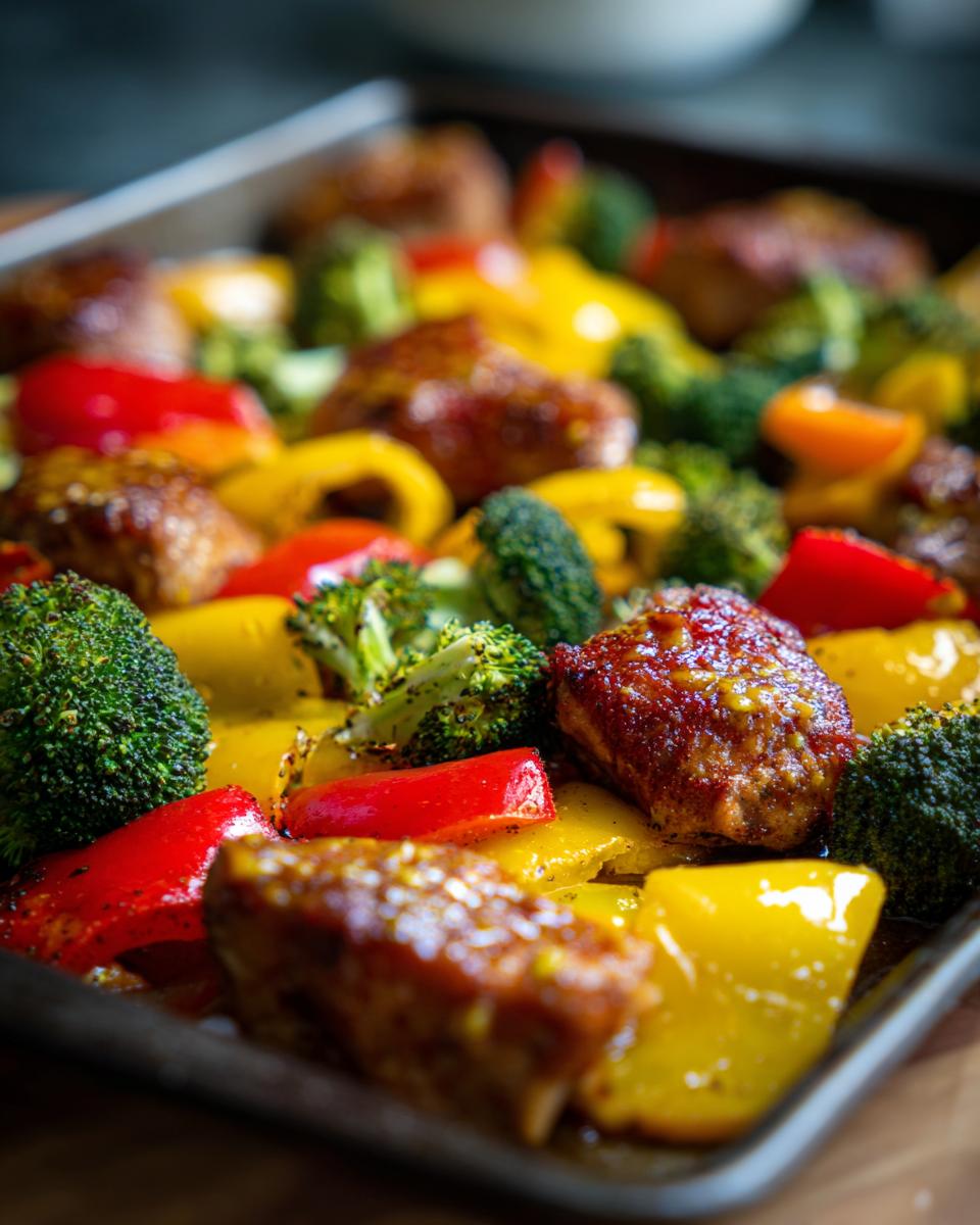 Close-up of honey mustard chicken breast pieces with broccoli and bell peppers on a sheet pan.