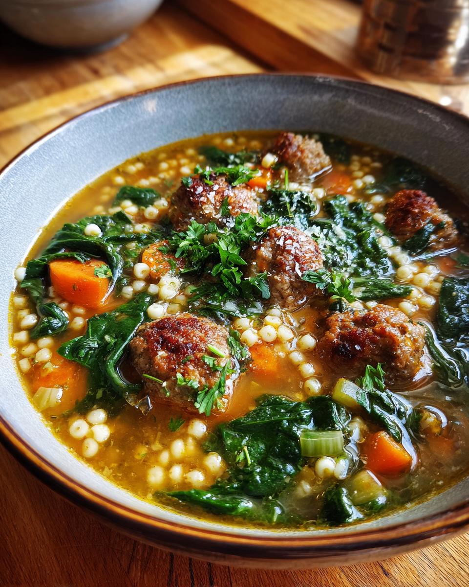 A close-up of a steaming bowl of Italian Wedding Soup, featuring mini meatballs, acini di pepe pasta, carrots, and spinach.
