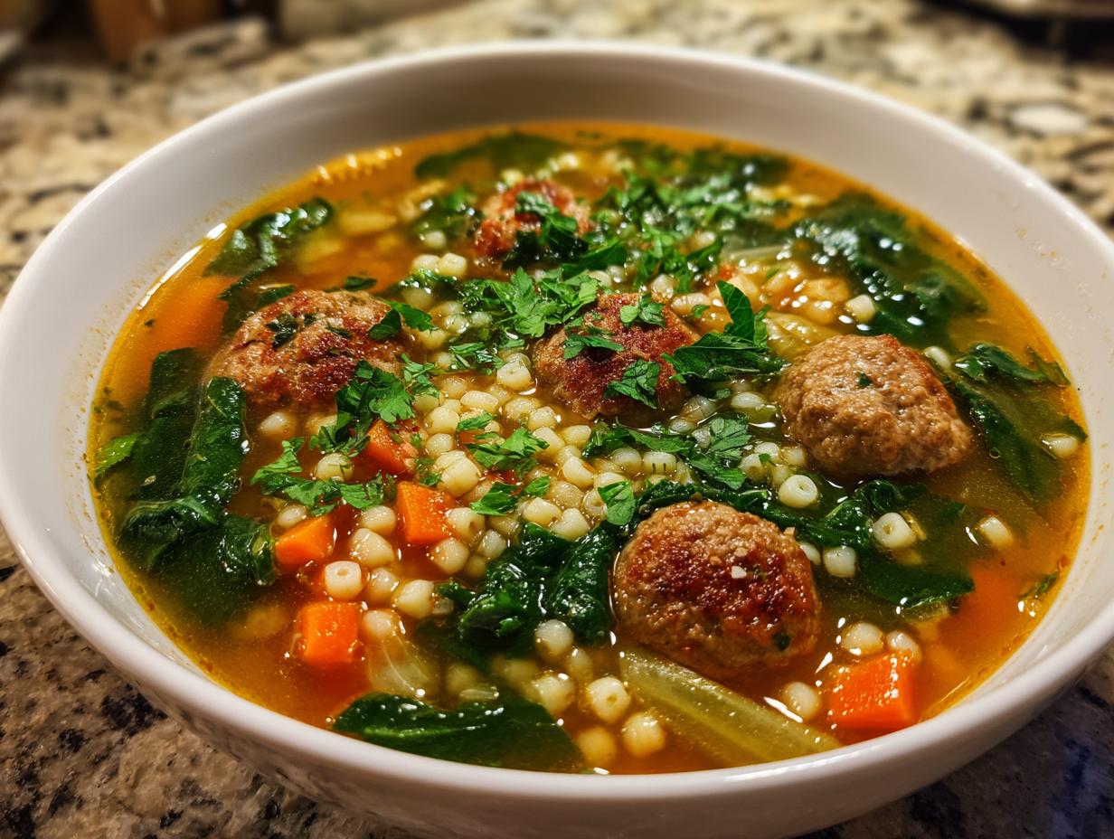 A close-up of a bowl of Italian Wedding Soup with meatballs, pasta, spinach, and carrots, perfect for chilly nights.