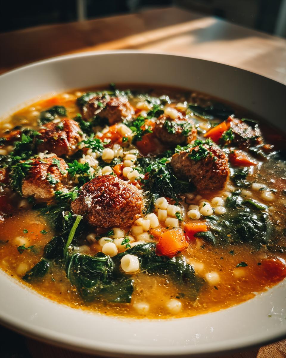 A close-up of a bowl of Italian Wedding Soup, featuring meatballs, acini di pepe pasta, spinach, and carrots.