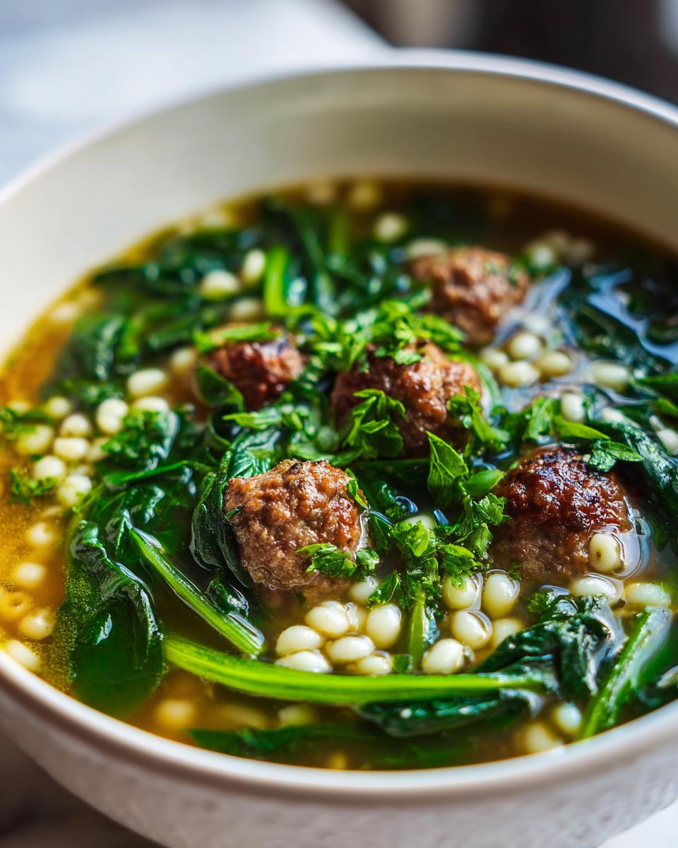 A close-up of a bowl of Italian Wedding Soup featuring meatballs, spinach, and acini di pepe pasta.