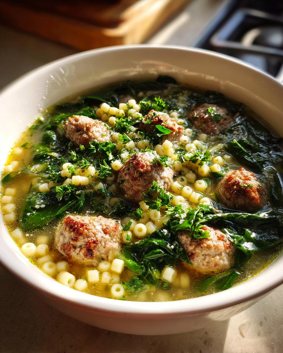 A close-up bowl of Italian Wedding Soup, featuring mini meatballs, spinach, and ditalini pasta in a savory broth.