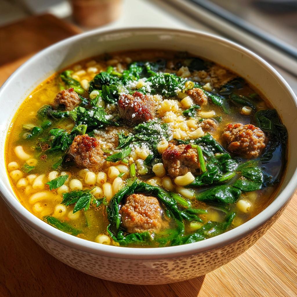 A close-up bowl of Italian Wedding Soup featuring mini meatballs, ditalini pasta, and wilted spinach, topped with grated Parmesan cheese.