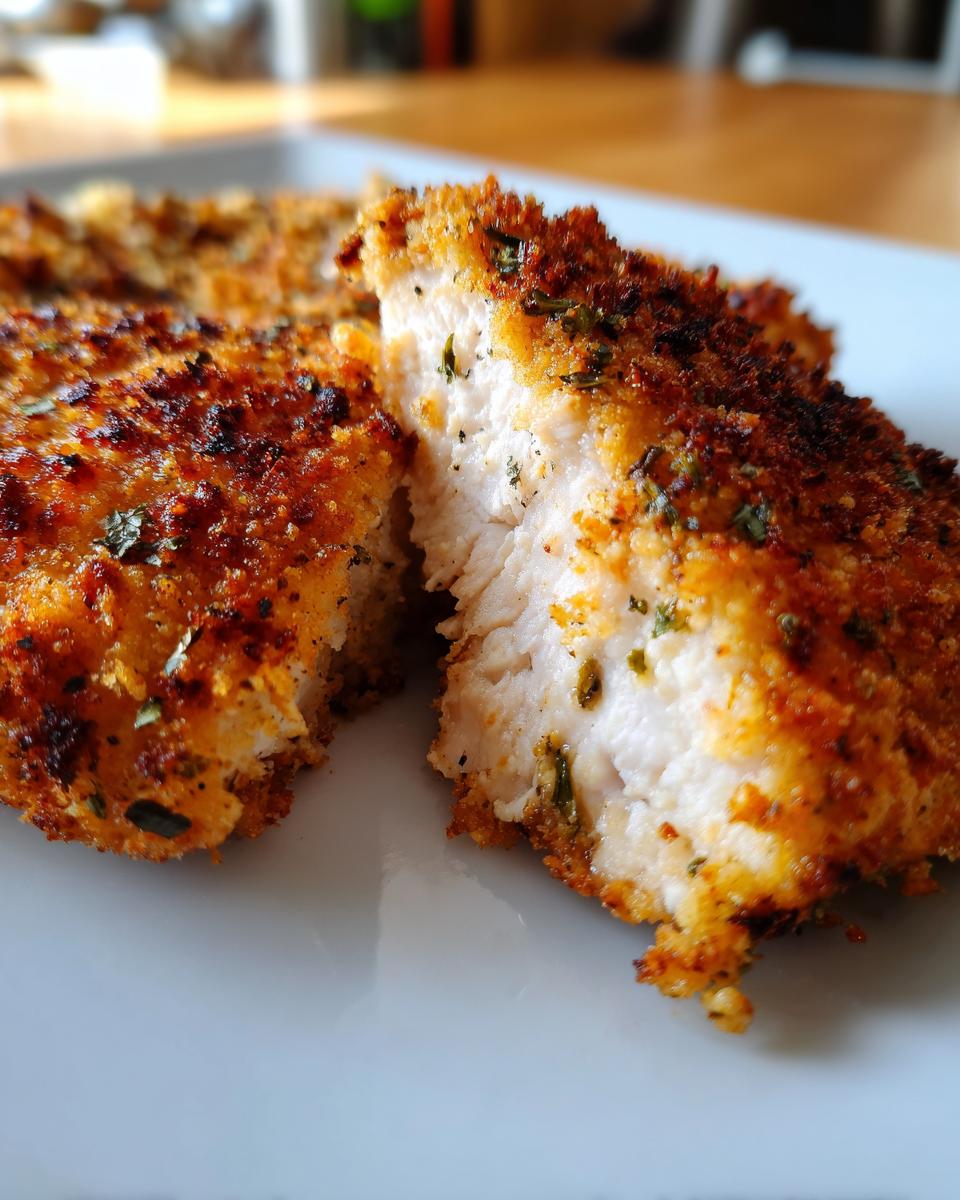 Close-up of a juicy baked Parmesan chicken breast, cut in half to show the tender white meat and crispy breadcrumb coating.