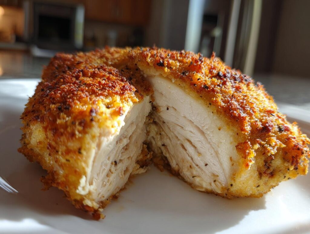 A close-up shot of a baked chicken breast, cut in half to reveal its juicy interior and golden-brown parmesan crust.