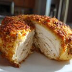 A close-up shot of a baked chicken breast, cut in half to reveal its juicy interior and golden-brown parmesan crust.