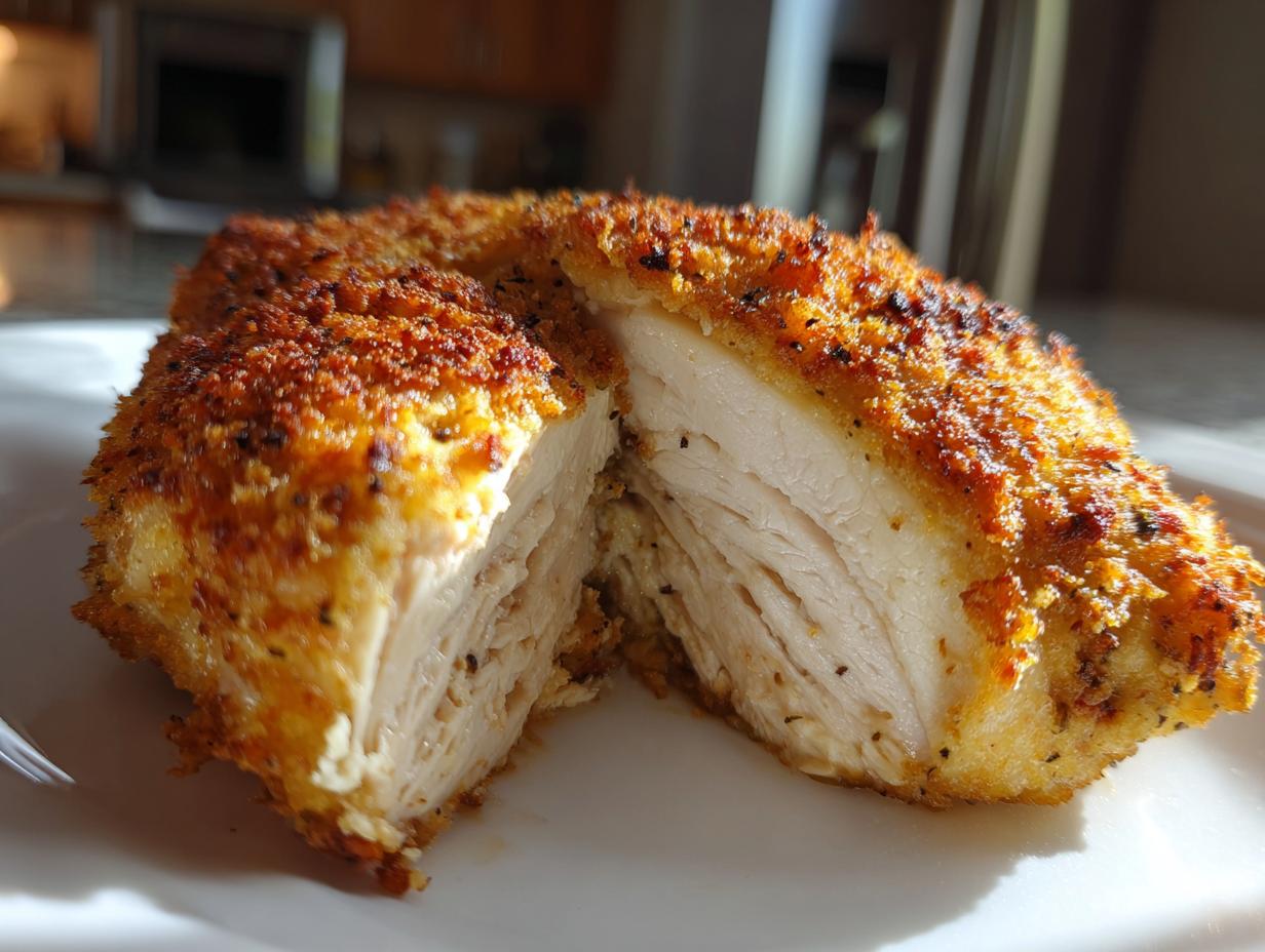 A close-up shot of a baked chicken breast, cut in half to reveal its juicy interior and golden-brown parmesan crust.