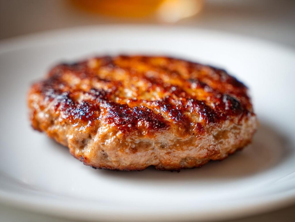 Close-up of a perfectly grilled, juicy turkey burger on a white plate, showcasing grill marks.