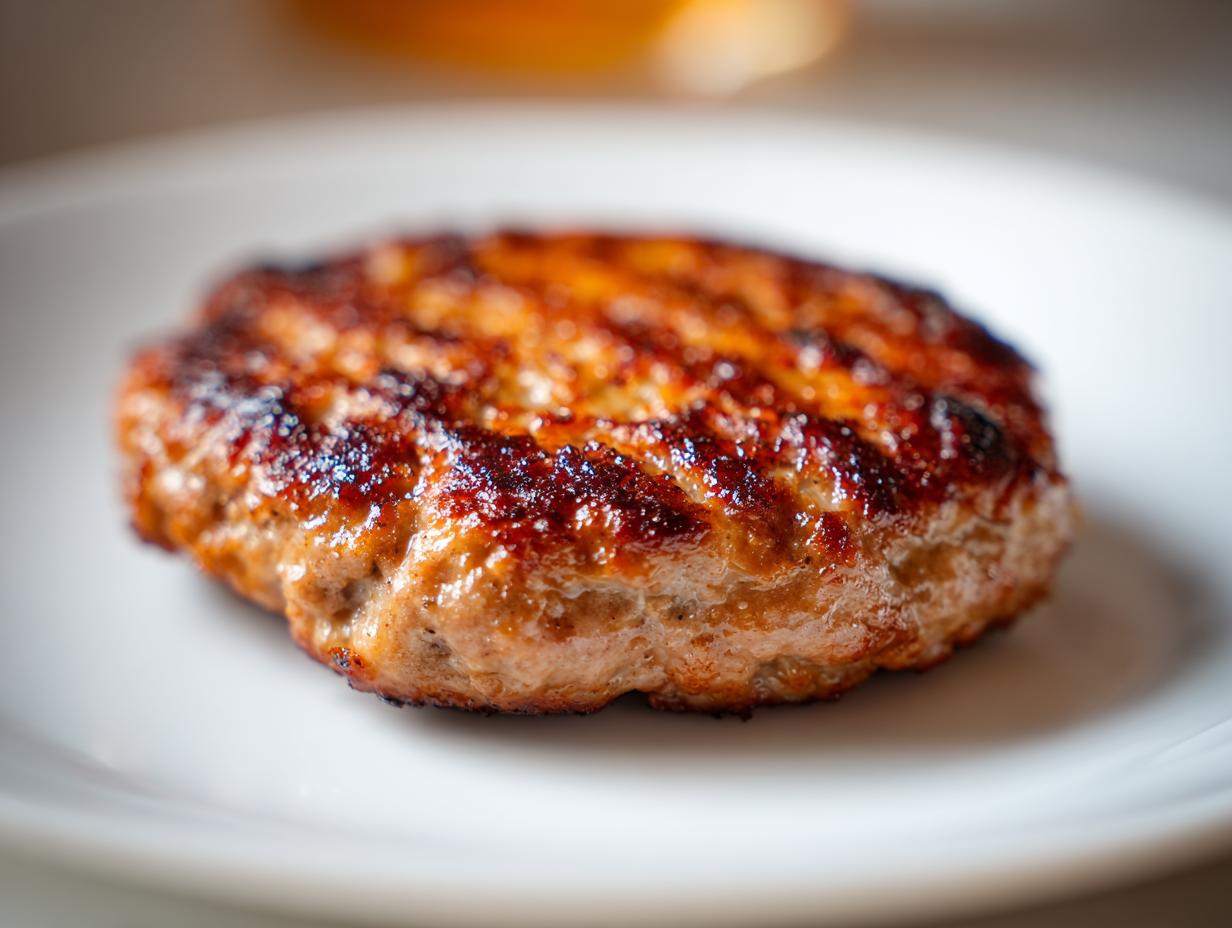 Close-up of a perfectly grilled, juicy turkey burger on a white plate, showcasing grill marks.