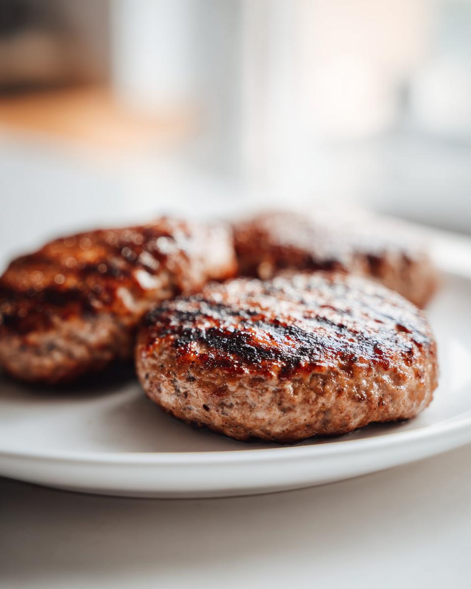 Close-up of three juicy grilled turkey burgers on a white plate, showcasing grill marks.
