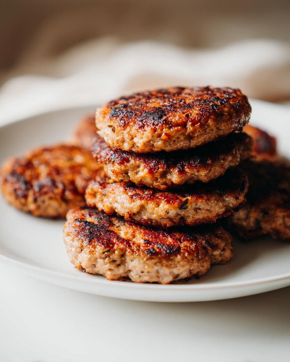 A stack of perfectly grilled turkey burgers, showcasing their juicy texture and flavorful char marks.