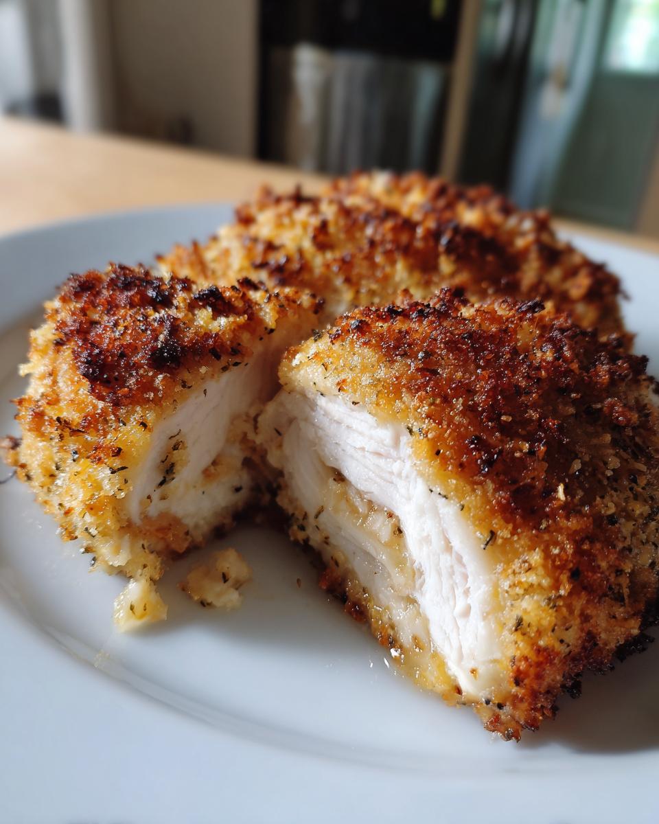 Close-up of a juicy parmesan chicken breast, cut in half to show the tender white meat and crispy golden-brown breadcrumb coating.