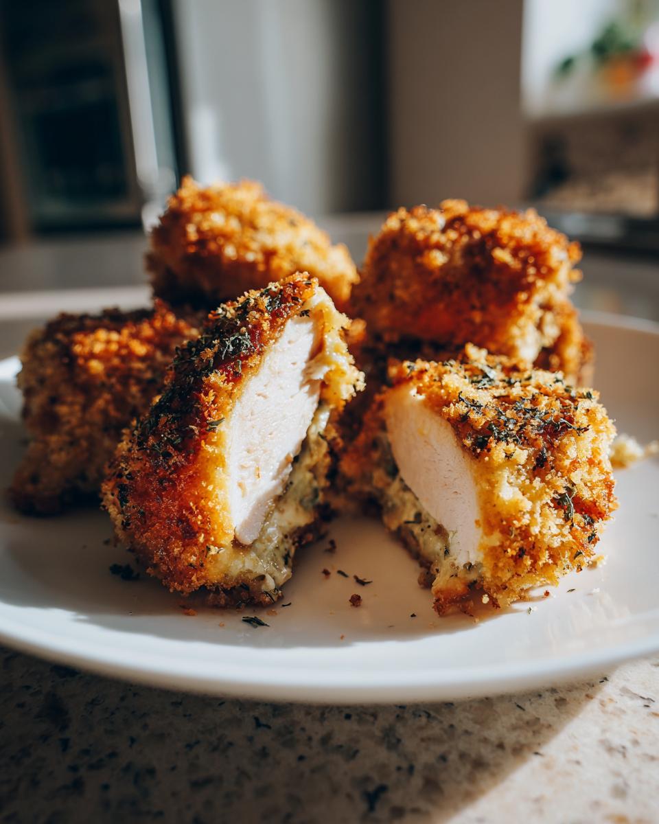 Close-up of a baked Parmesan chicken breast, cut in half to reveal juicy interior and crispy breadcrumb coating.