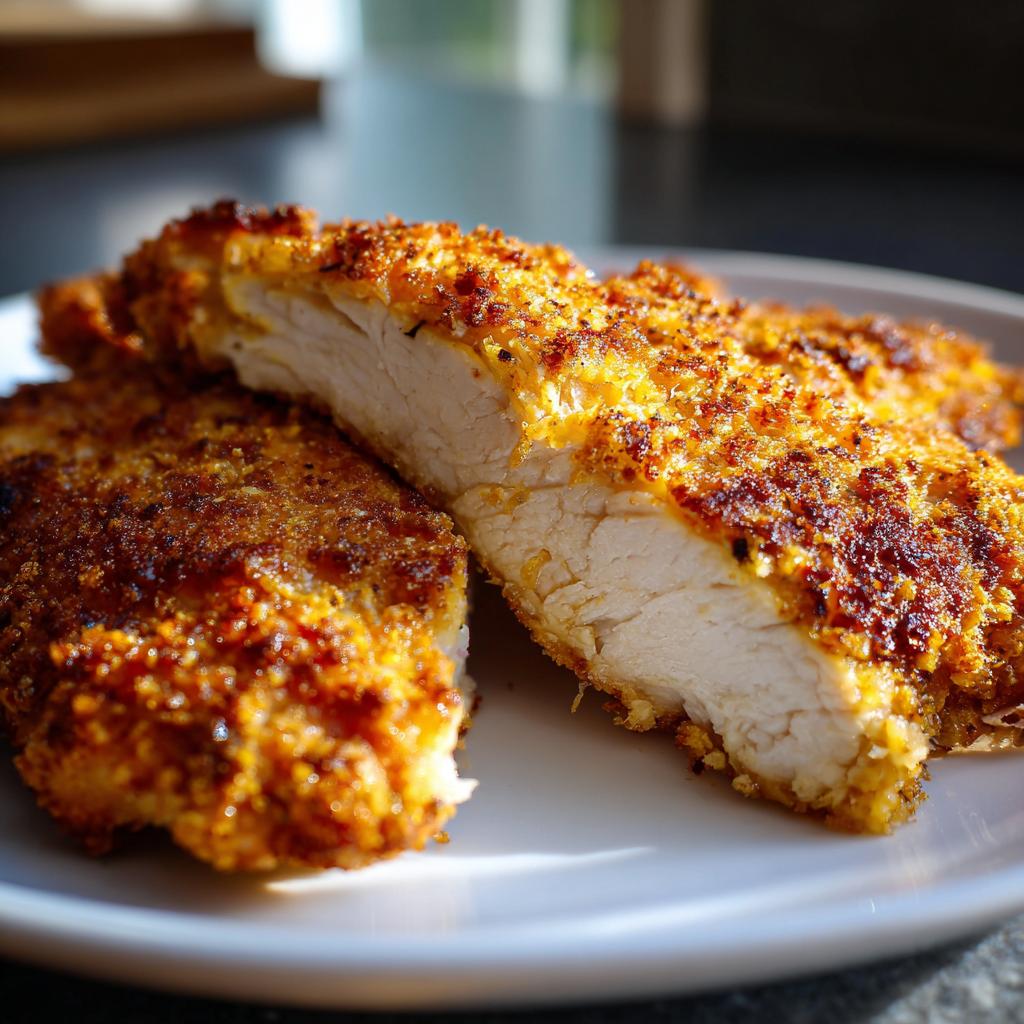 A close-up of two juicy baked parmesan chicken breasts on a white plate, one sliced to show its tender interior.