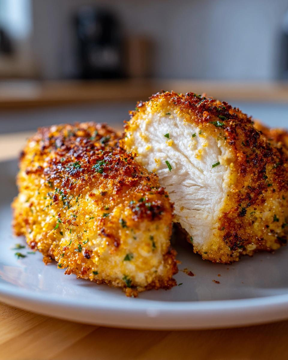 Close-up of a juicy parmesan chicken breast, cut in half to show the tender white meat and crispy golden-brown breadcrumb coating.
