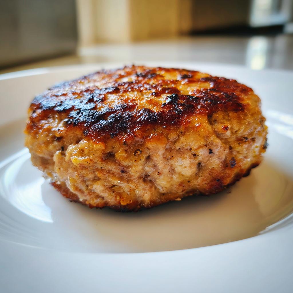 Close-up of a perfectly grilled, juicy turkey burger on a white plate, showcasing its browned exterior.