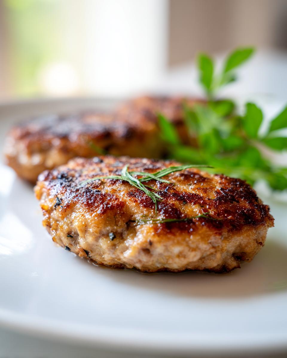Close-up of two perfectly grilled turkey burgers on a white plate, garnished with rosemary and parsley.