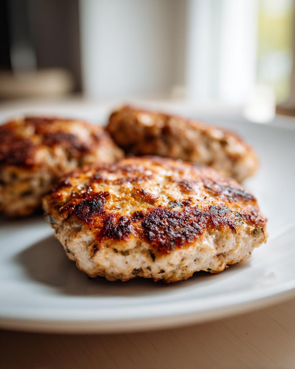 Close-up of three perfectly grilled turkey burgers on a white plate, showcasing their juicy texture and golden-brown sear.