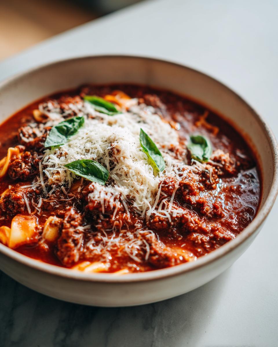 A bowl of hearty lasagna soup topped with melty shredded cheese, fresh basil, and rich tomato sauce.