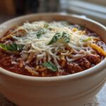 A close-up of a bowl of hearty Lasagna Soup, topped with generous amounts of melty shredded cheese and fresh basil leaves.