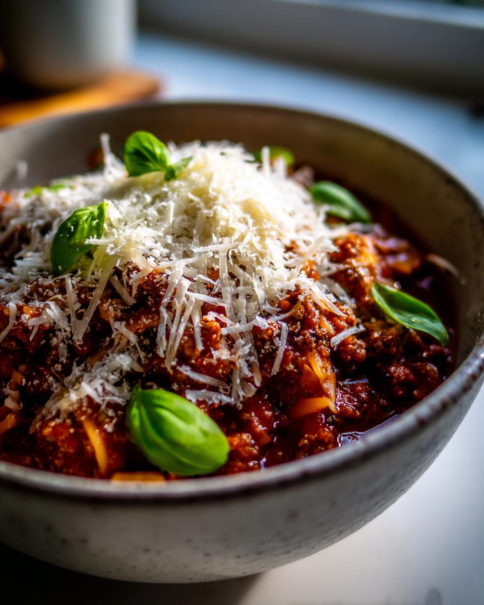 A close-up of a bowl of Lasagna Soup, topped with generous shredded cheese and fresh basil leaves.