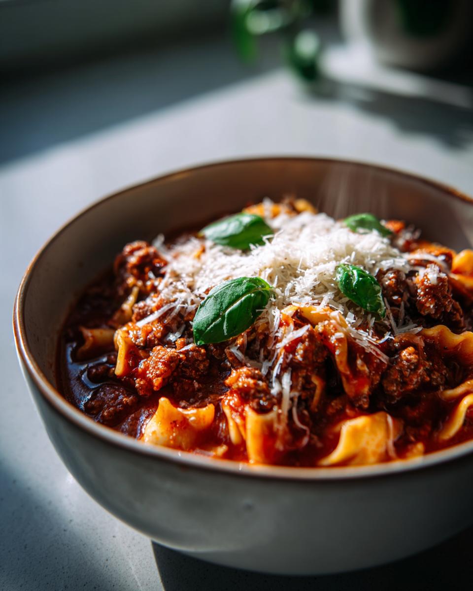 A bowl of hearty Lasagna Soup with melty cheese on top, garnished with fresh basil leaves.