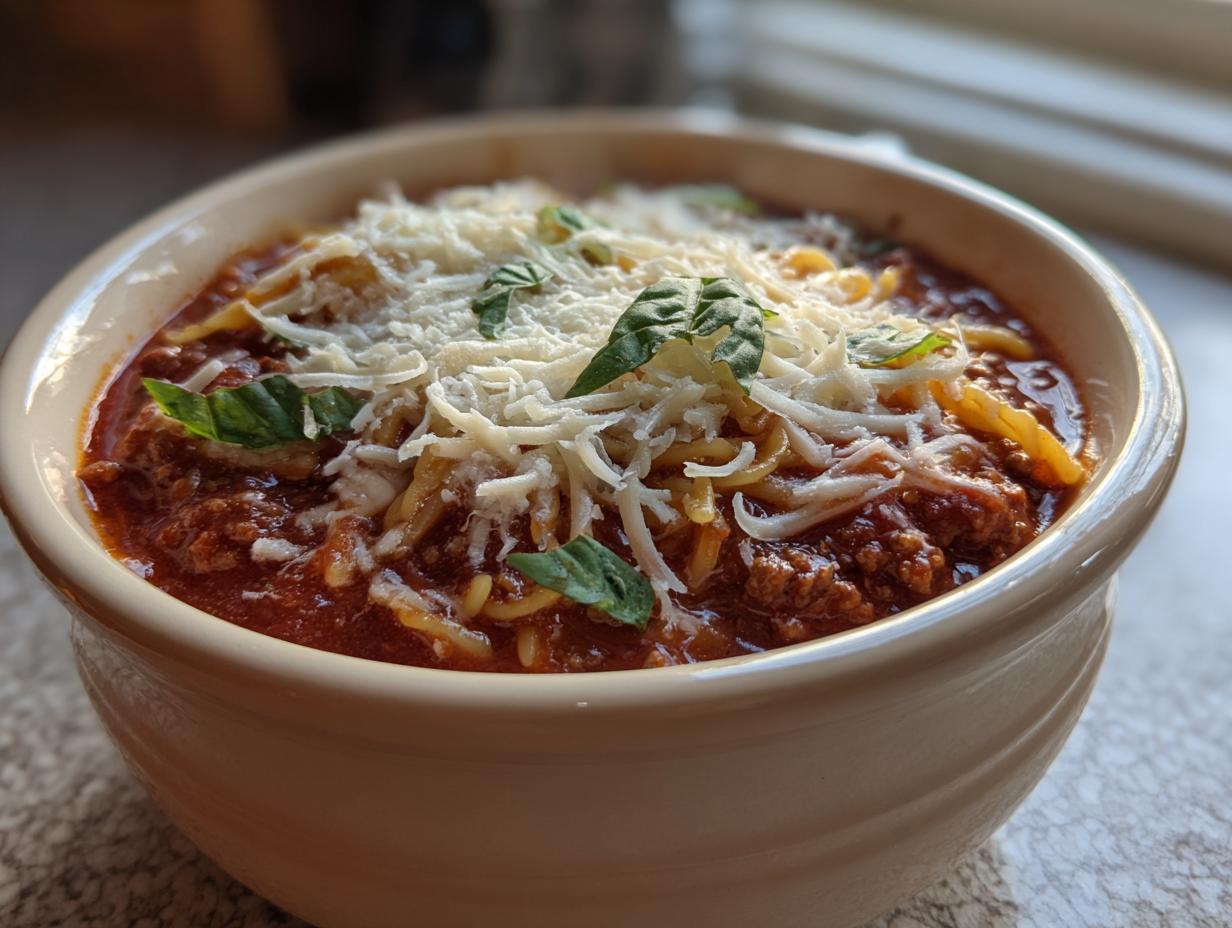 A close-up of a bowl of hearty Lasagna Soup, topped with generous amounts of melty shredded cheese and fresh basil leaves.