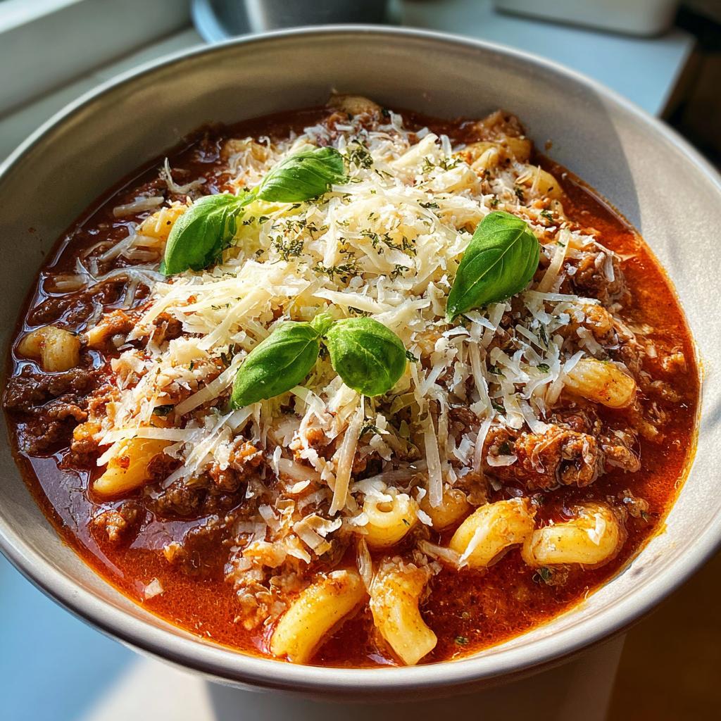 A bowl of hearty lasagna soup with pasta, ground meat, and topped with melty cheese and fresh basil.