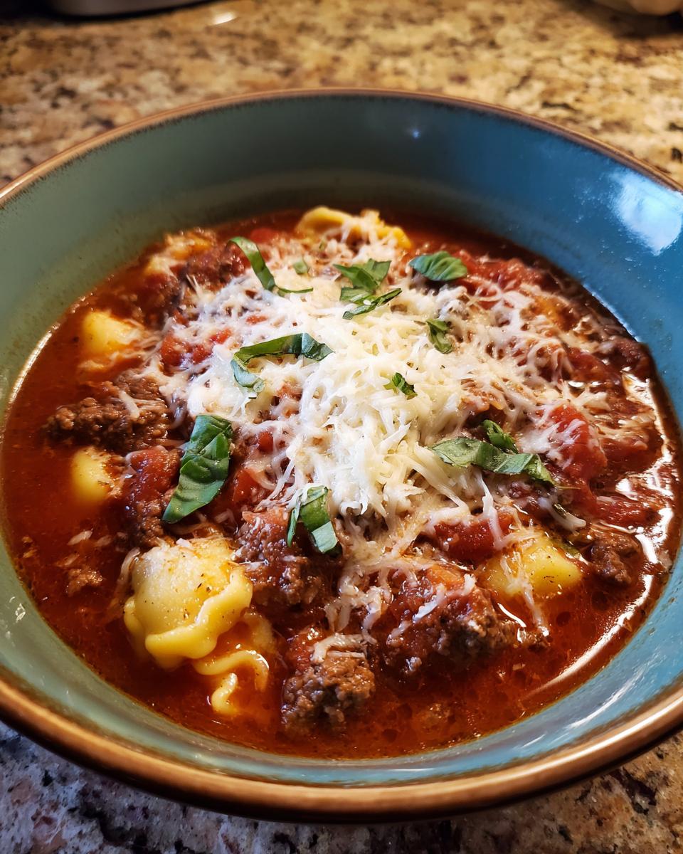 A bowl of hearty Lasagna Soup with melty cheese on top and fresh basil.