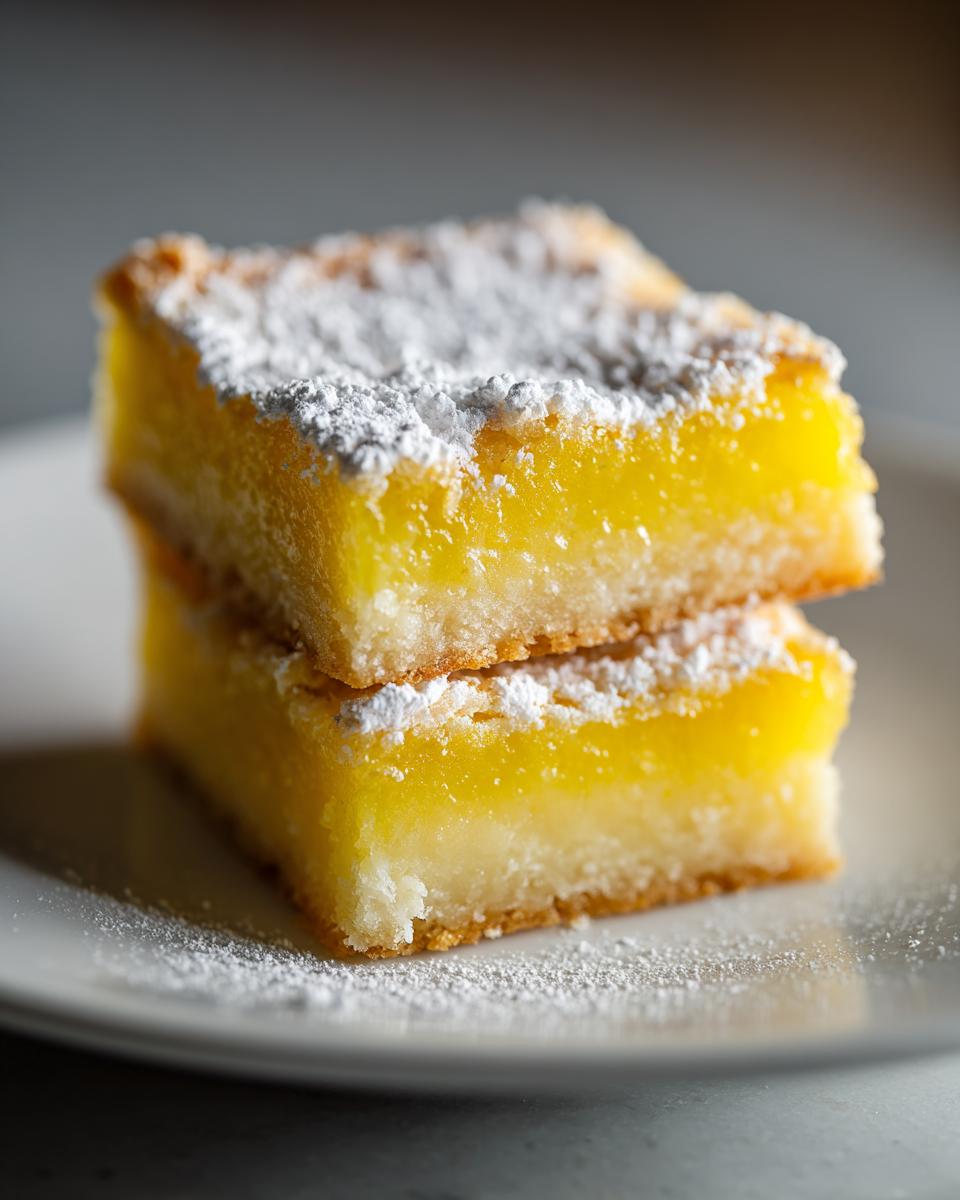 Two stacked lemon bars dusted with powdered sugar, showcasing their bright yellow citrus filling.