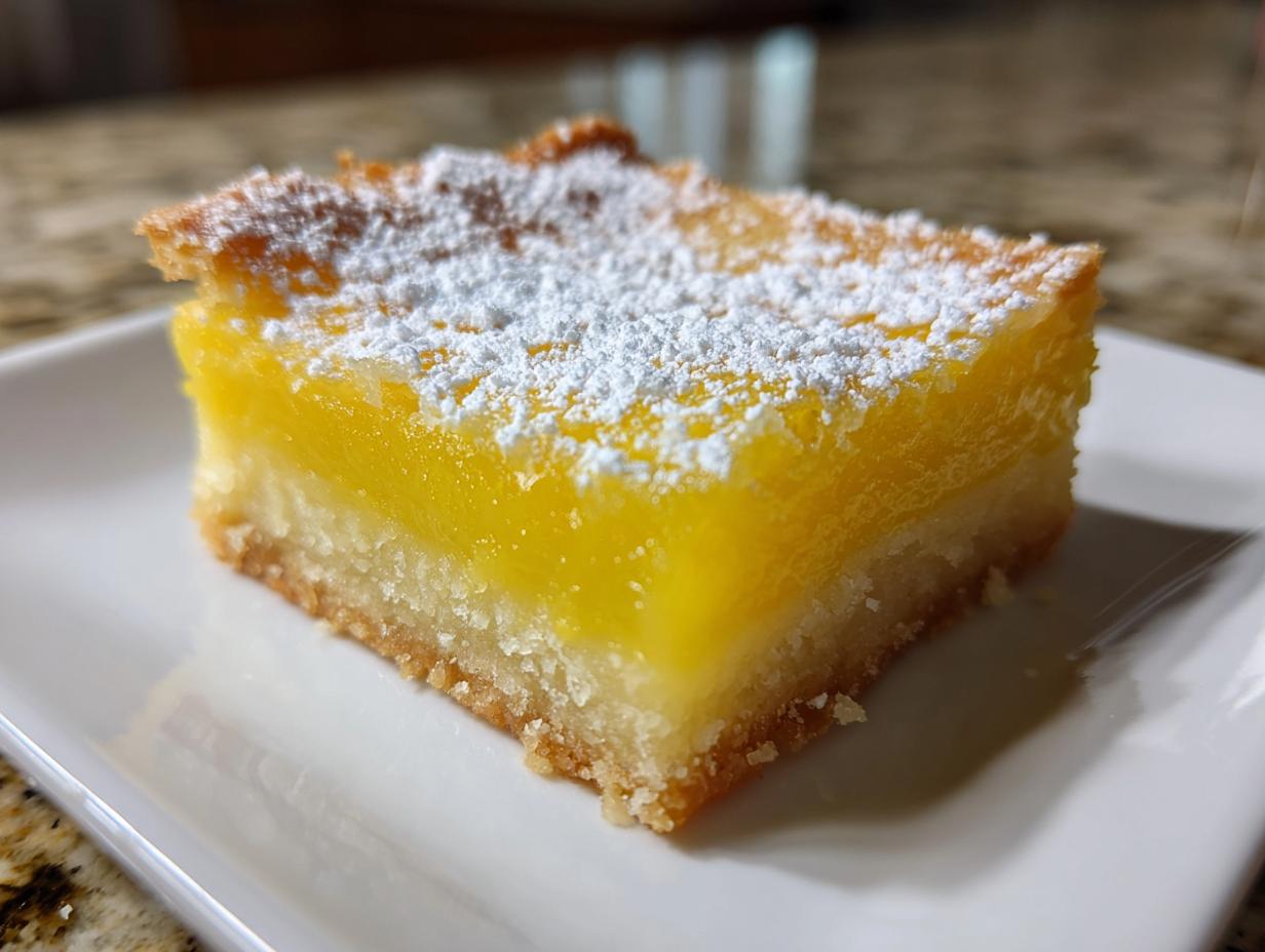 A close-up of a single lemon bar, dusted with powdered sugar, showcasing its bright yellow citrus filling and shortbread crust.