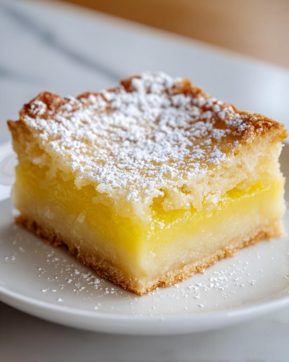 A close-up of a perfect slice of lemon bars, dusted with powdered sugar, showcasing its bright citrus flavor.