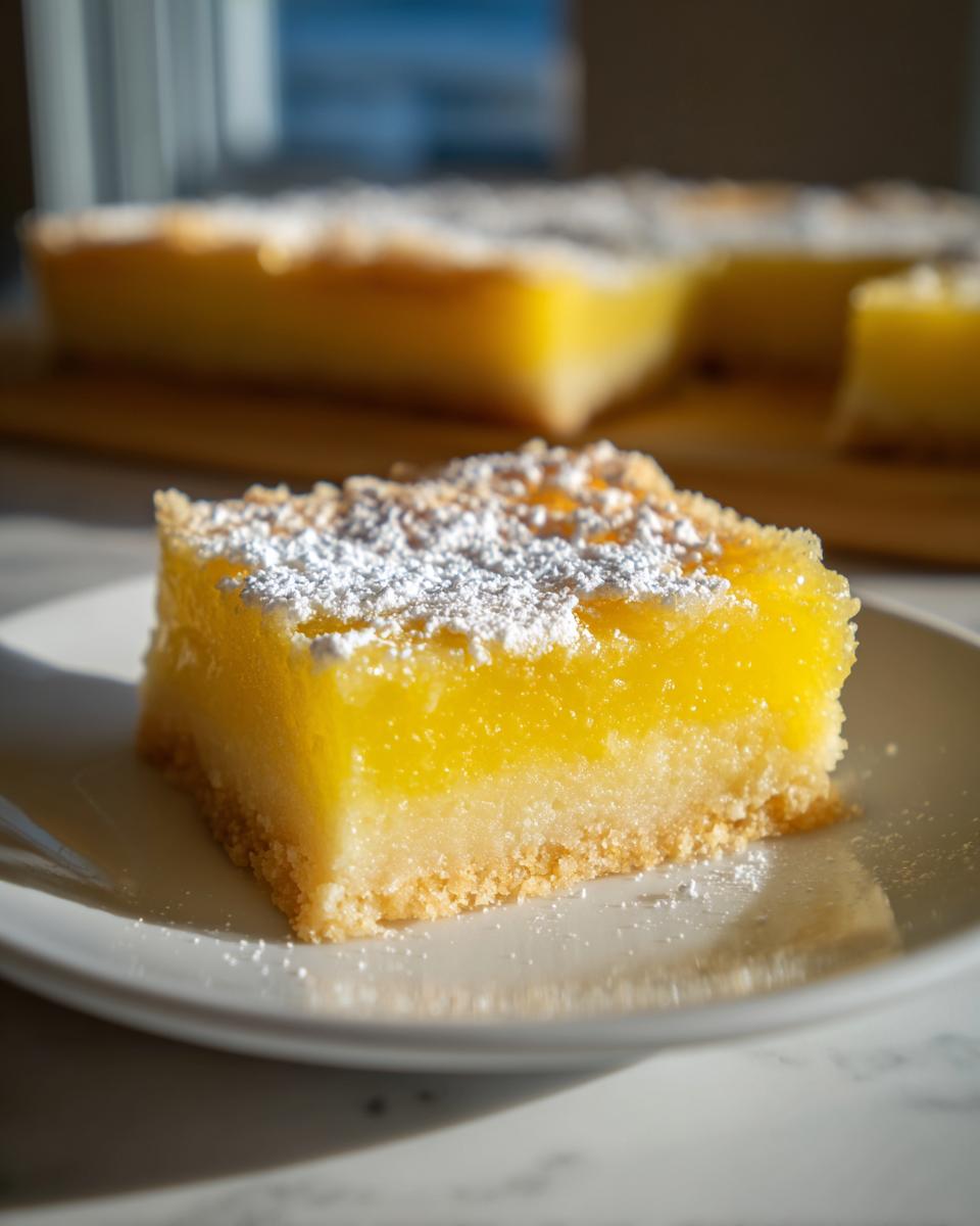 A close-up of a perfectly cut lemon bar, dusted with powdered sugar, showcasing its bright yellow citrus filling and shortbread crust.