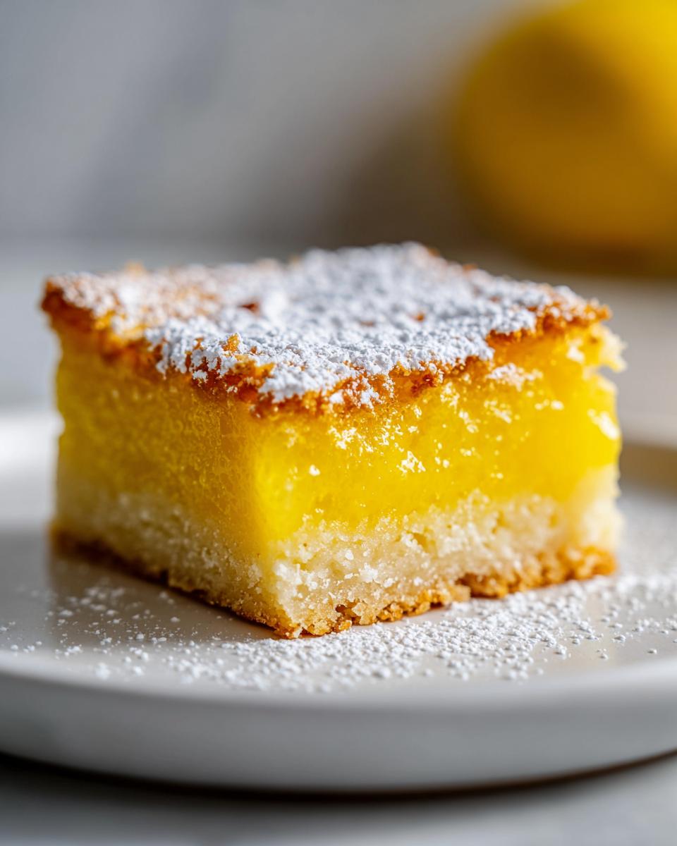 A close-up of a single, perfectly cut lemon bar, dusted with powdered sugar, showcasing its bright yellow filling and shortbread crust.