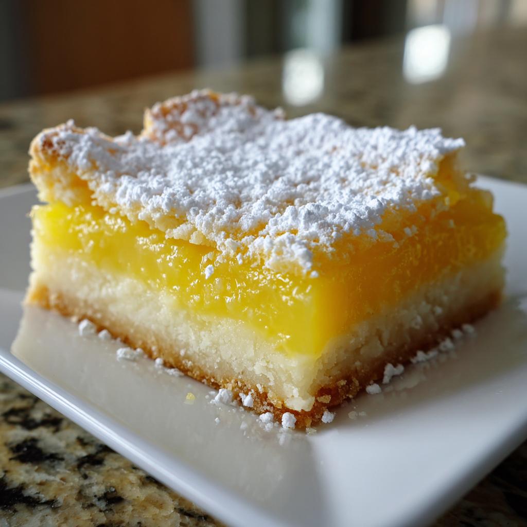 A close-up of a bright yellow lemon bar topped with powdered sugar, showcasing its zesty citrus flavor.