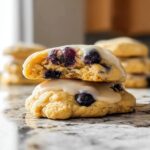 Close-up of two Lemon Blueberry Cheesecake Cookies stacked, showing blueberries and glaze.