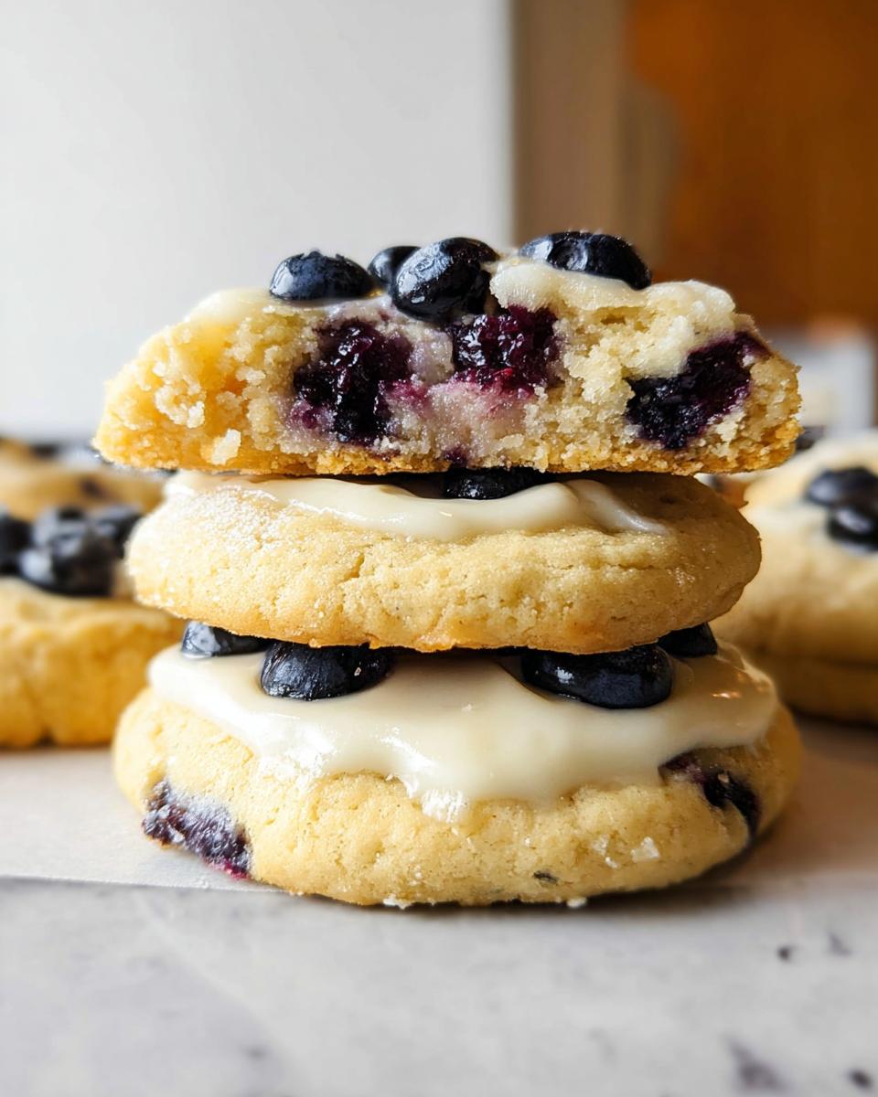 A stack of three Lemon Blueberry Cheesecake Cookies, topped with fresh blueberries and a creamy glaze.