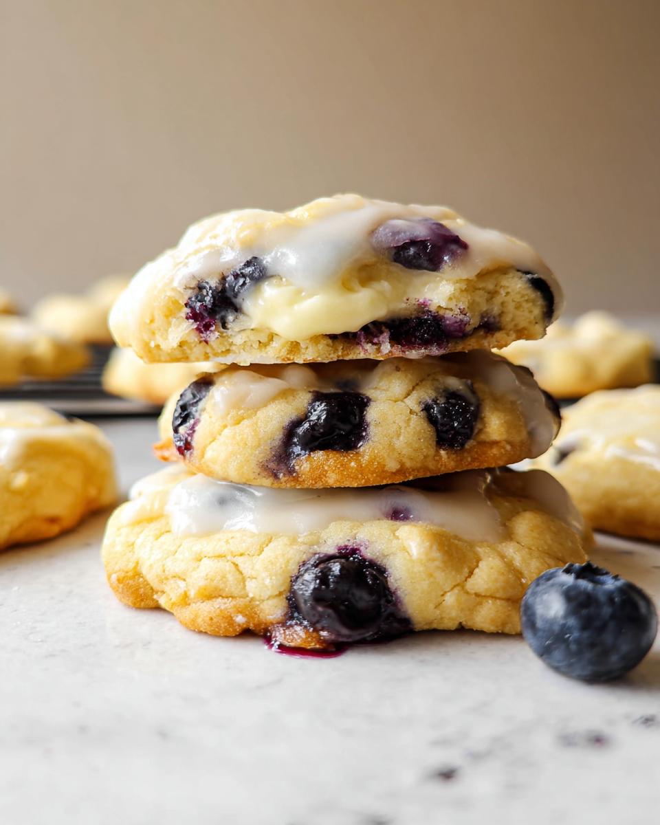 A stack of three Lemon Blueberry Cheesecake Cookies, drizzled with white icing and bursting with blueberries.