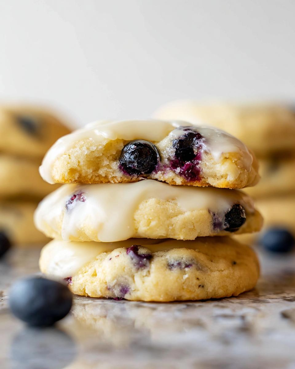 A stack of three delicious Lemon Blueberry Cheesecake Cookies, drizzled with white icing and filled with blueberries.