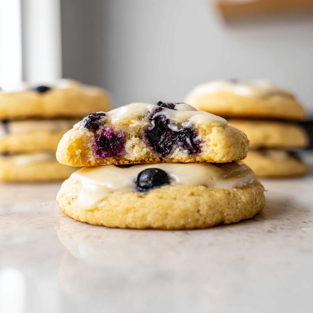 Close-up of two Lemon Blueberry Cheesecake Cookies stacked, showing the soft interior with blueberries and creamy frosting.