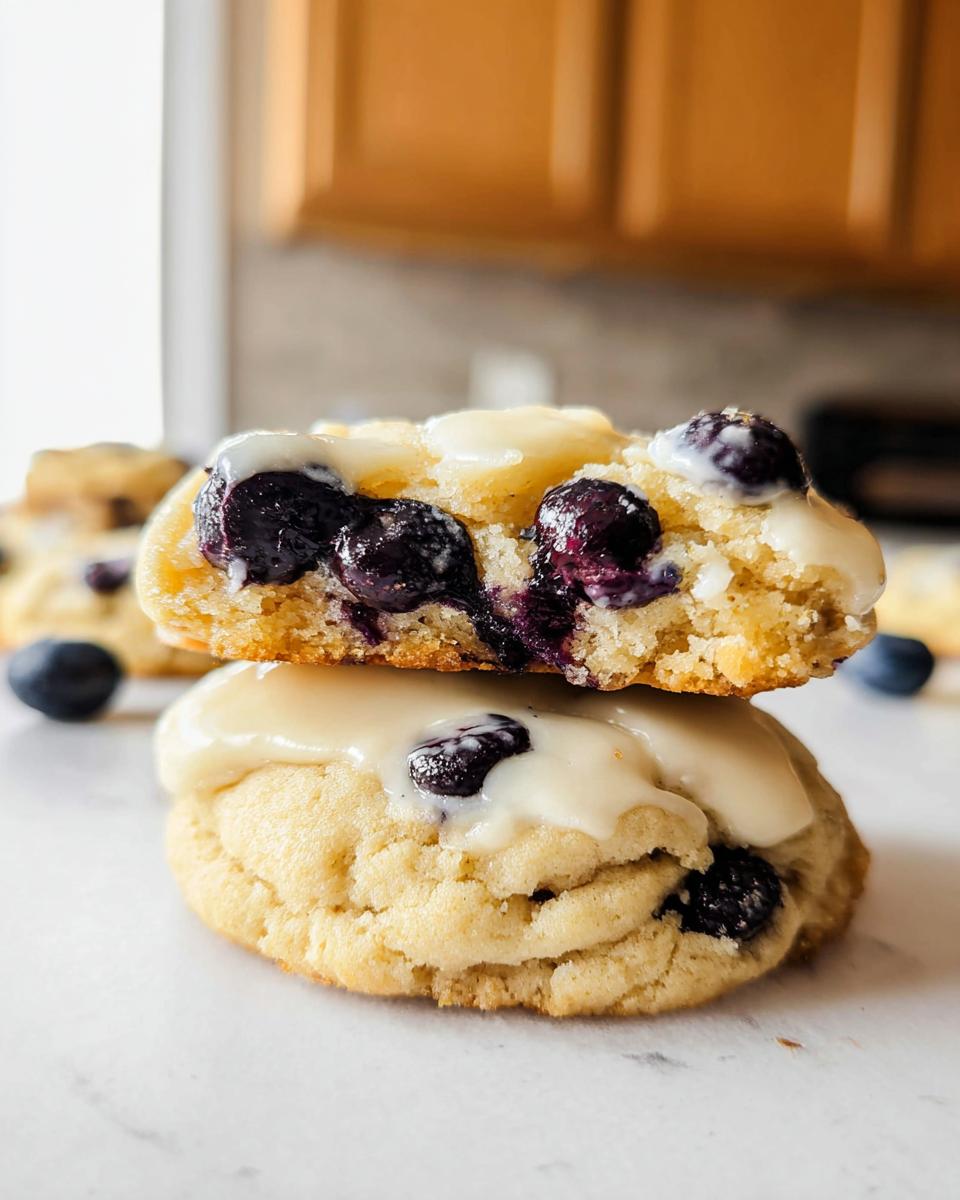 A stack of two Lemon Blueberry Cheesecake Cookies, drizzled with white glaze and filled with fresh blueberries.