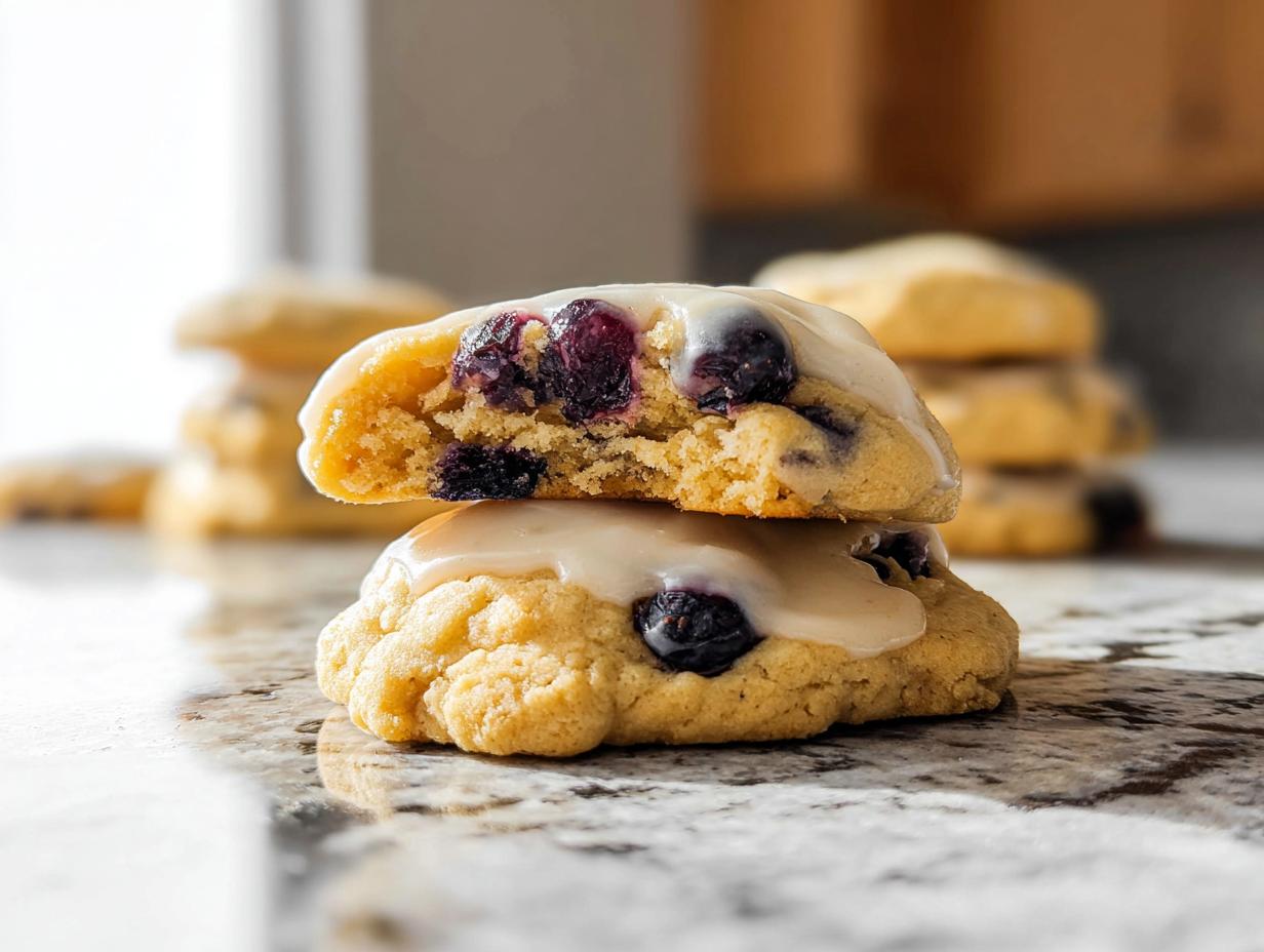 Close-up of two Lemon Blueberry Cheesecake Cookies stacked, showing blueberries and glaze.