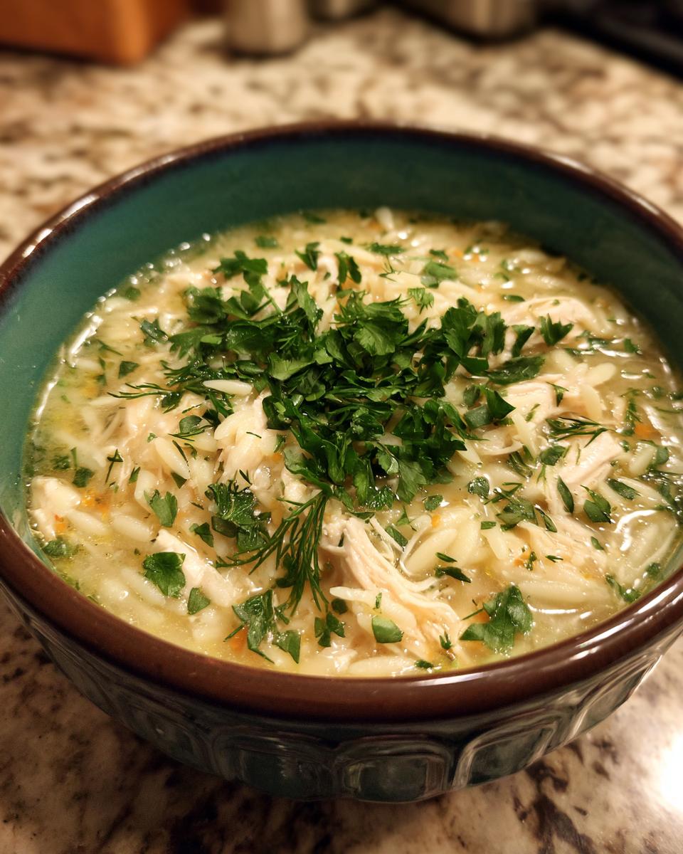 A close-up bowl of Lemon Chicken Orzo Soup with fresh herbs and shredded chicken.